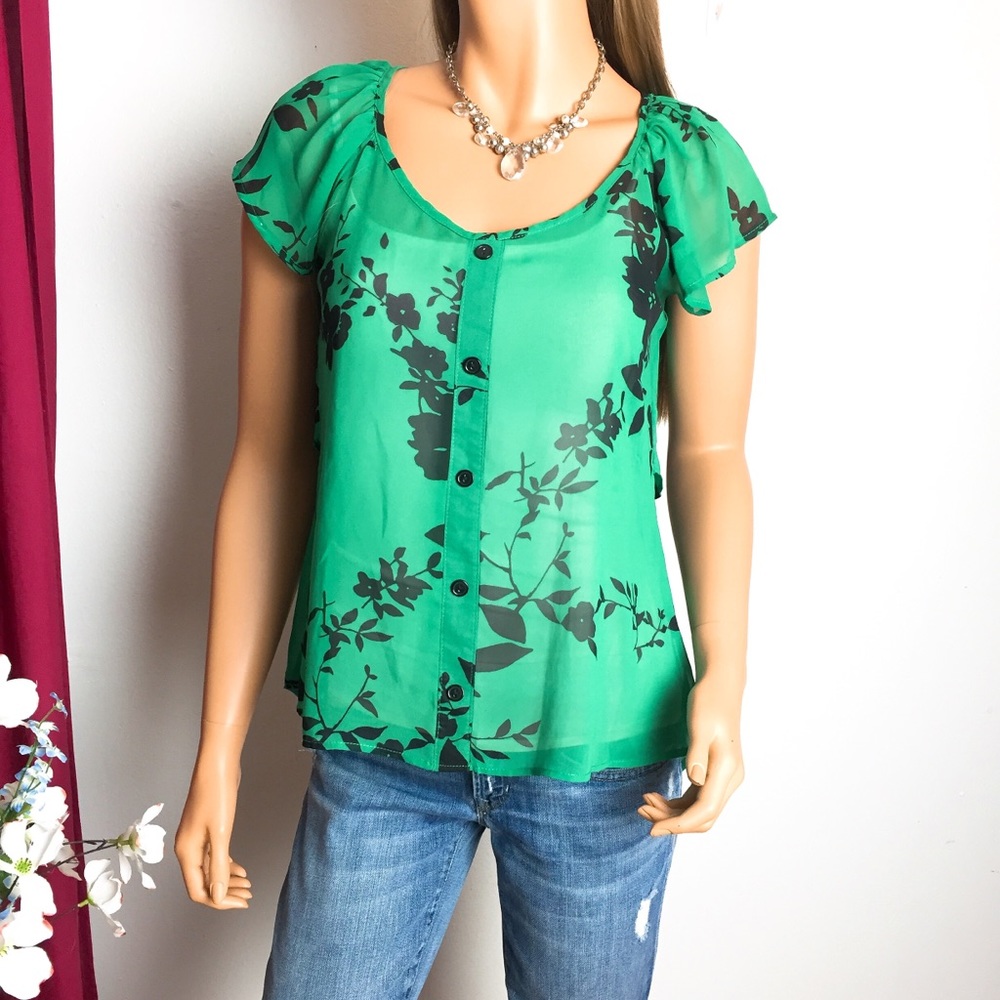 💢 Green Silhouette Floral Print Sheer Blouse
